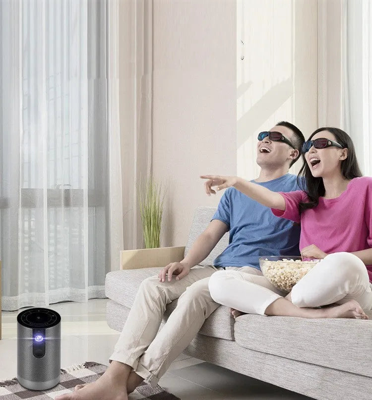 Mini DLP portable projector with 200ANSI lumens, auto focus, and black casing, showing a bright projection on a wall