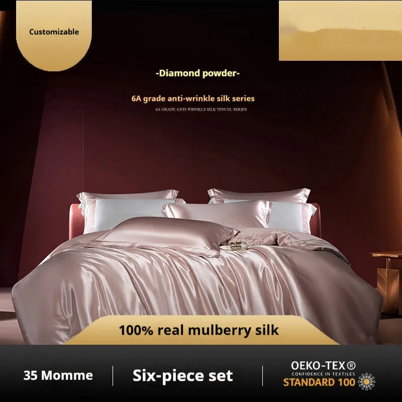 Household Fashion solid colour silk duvet cover and pillowcases on a bed, showing concealed zip detail.