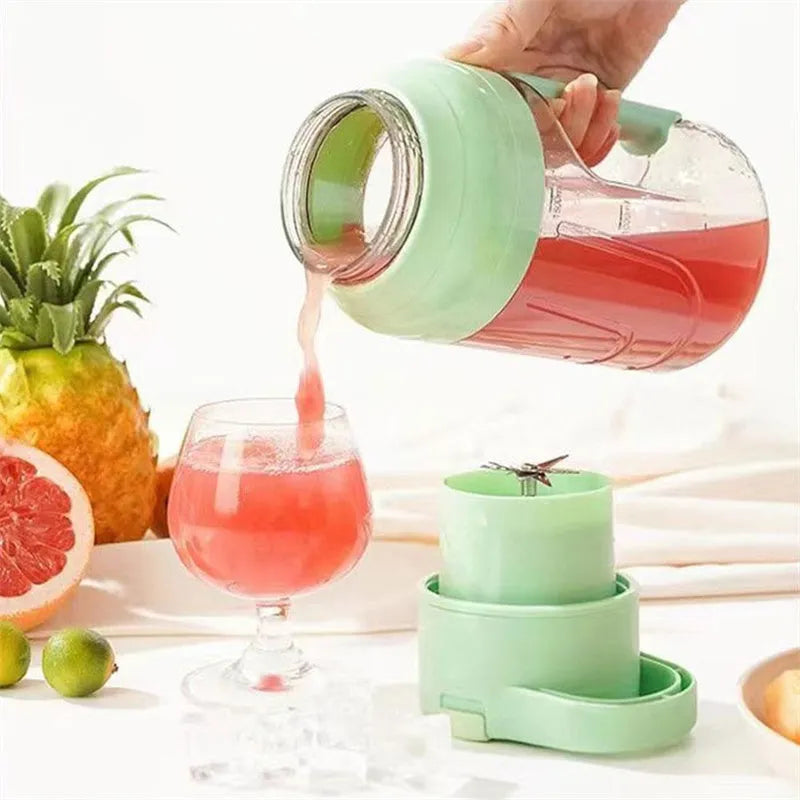 Portable electric juicer blender with 1500ml capacity in emerald green colour, showing USB charging port and double handles.