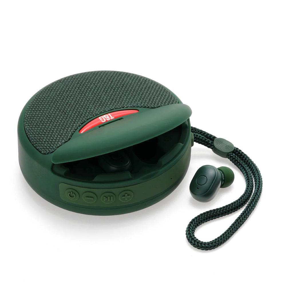 TG808 outdoor Bluetooth speaker with headset in black, showing horn and controls