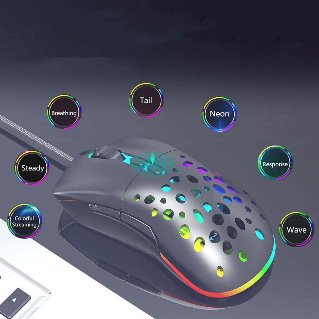 M88 hollow wired and wireless gaming mouse with perforated shell and USB cable on desk
