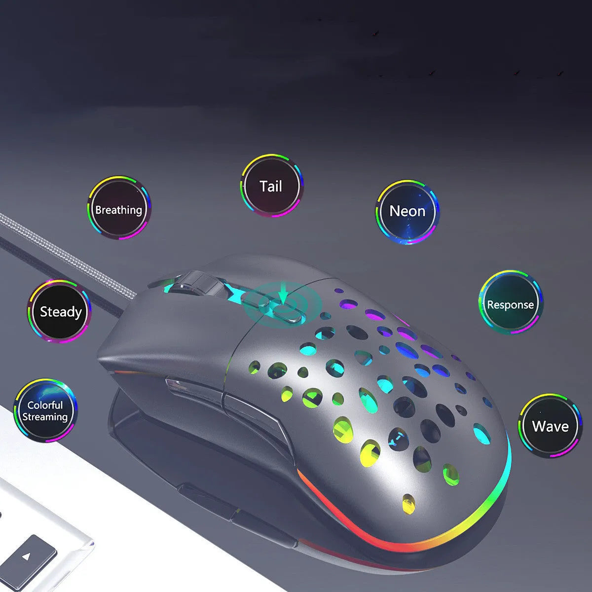 M88 hollow wired and wireless gaming mouse with perforated shell and USB cable on desk