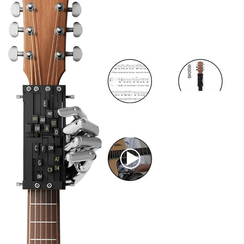 Black auxiliary guitar chord maker device with automatic gear for novice second chord practice.