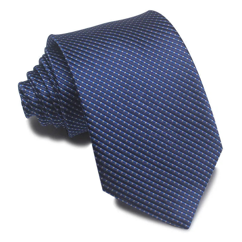 A man's striped formal tie in an arrow style, showing the jacquard texture and width of 7-8 cm.