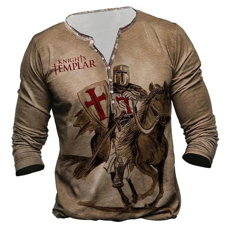 Men's long-sleeved open placket digital print camouflage T-shirt in bird eye cloth polyester fiber