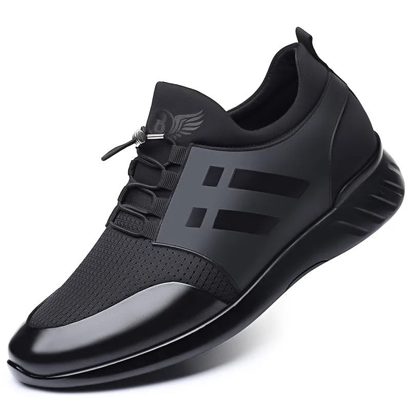 Men's black casual sneakers with round toe and low-top design for invisible height increase.