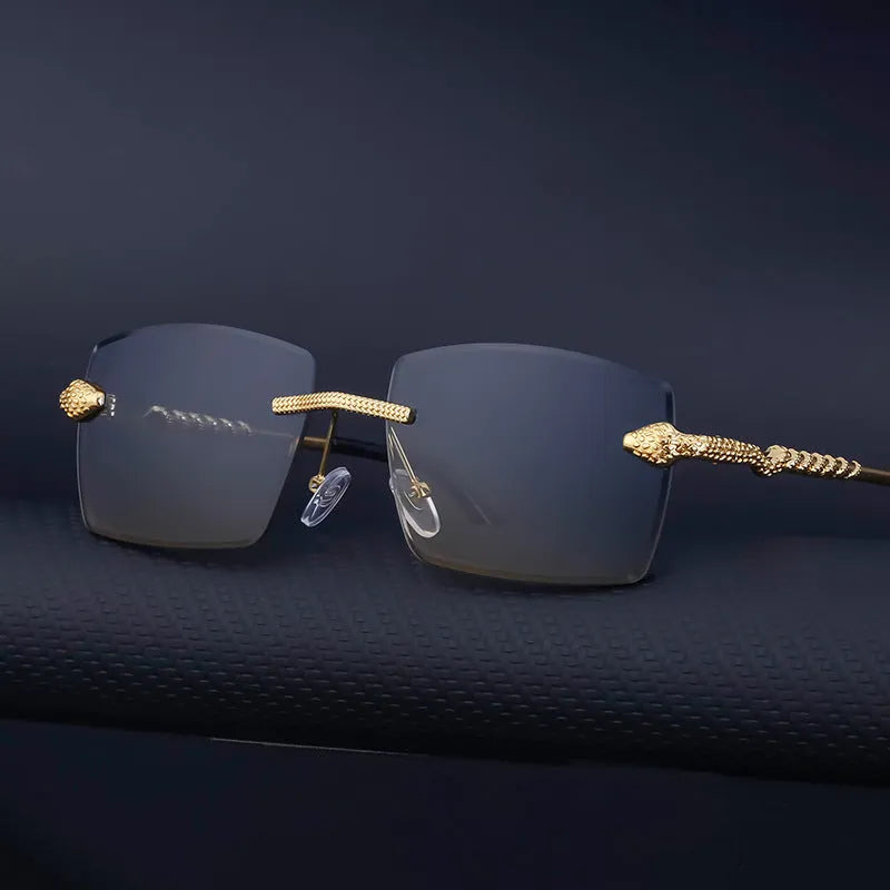 Rimless sunglasses for men with UV400 PC lenses and wood-grain arms, shown in one of six colour options.