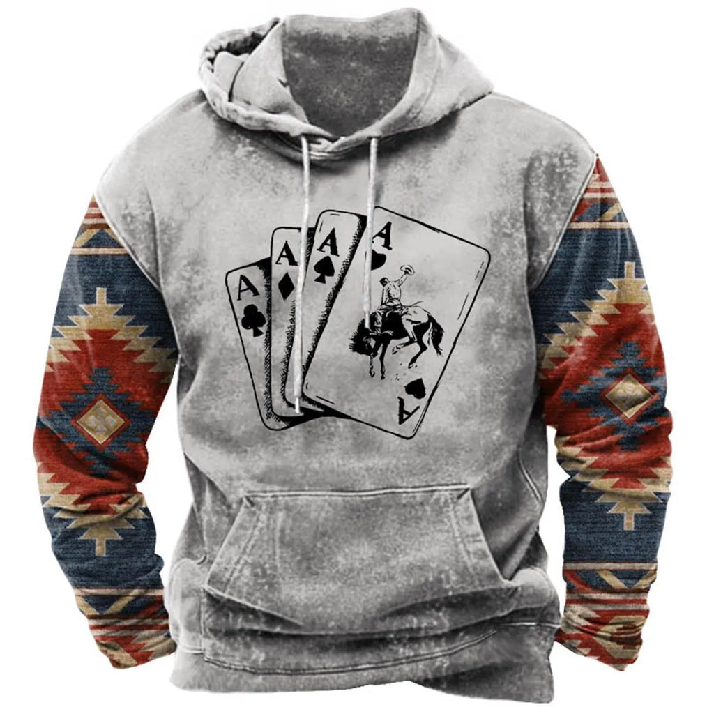 Men's street printing hoodie in loose fit polyester, front view, available in multiple colours and sizes
