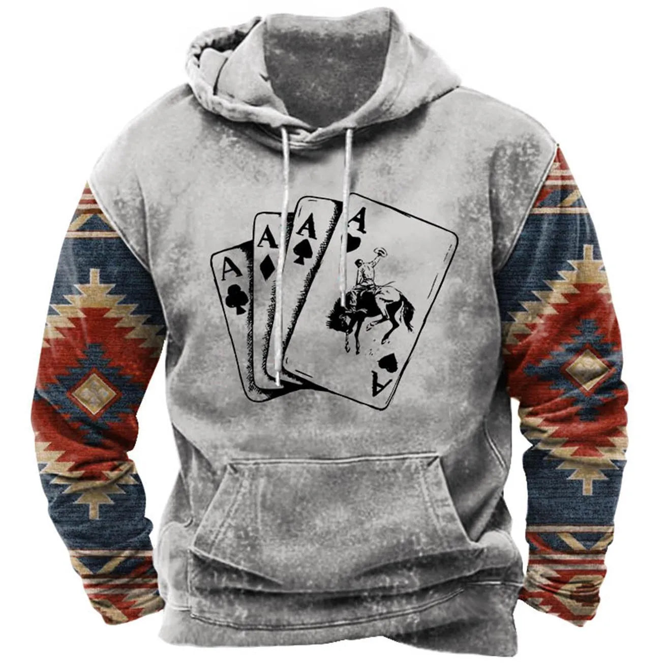 Men's street printing hoodie in loose fit polyester, front view, available in multiple colours and sizes