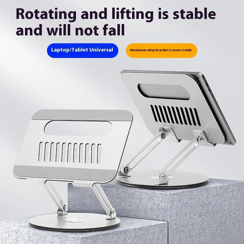 Silver aluminium laptop stand with height adjustment mechanism shown in folded and extended positions