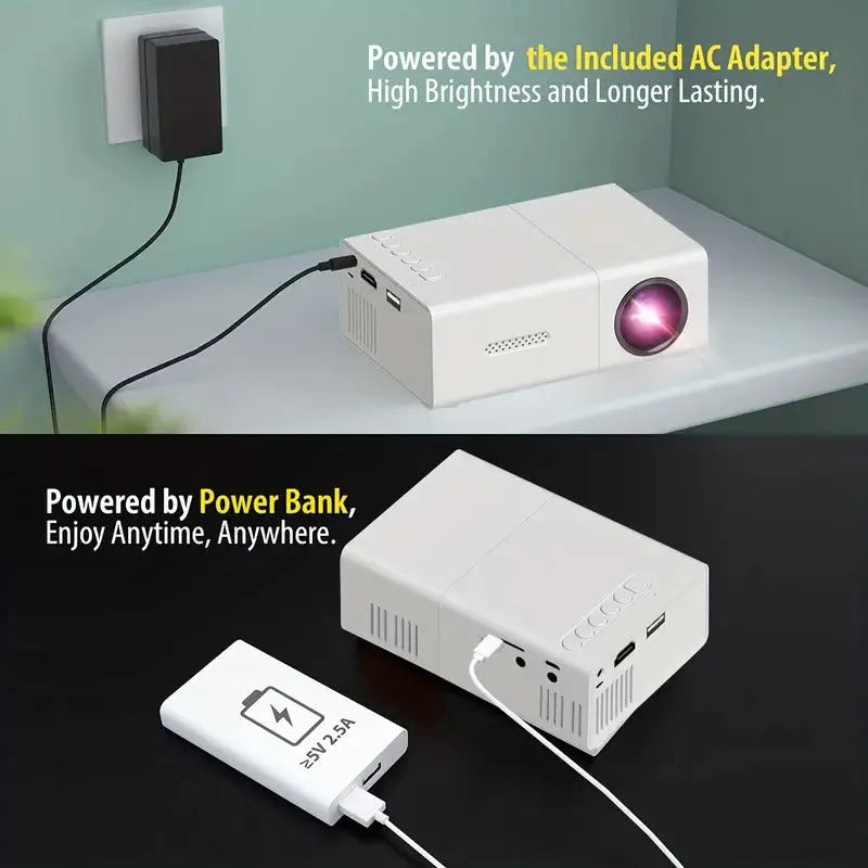 White or black M100 mini portable home projector with remote control on a table.