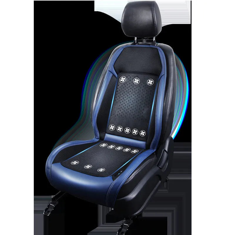 Black minimalist car seat cooling pad with USB power cable for ventilation and massage functions.