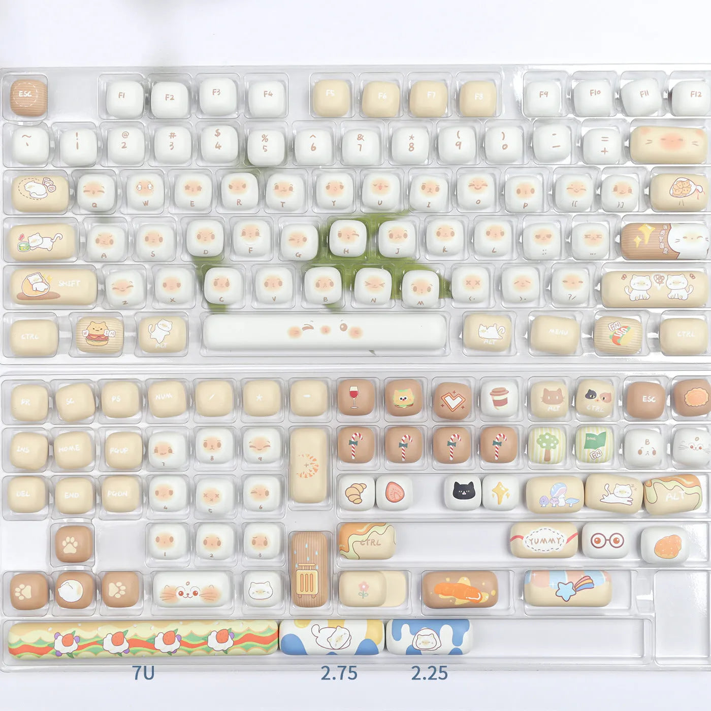 PBT mechanical keyboard keycap set showing 7u march past steamed bread and cat design.