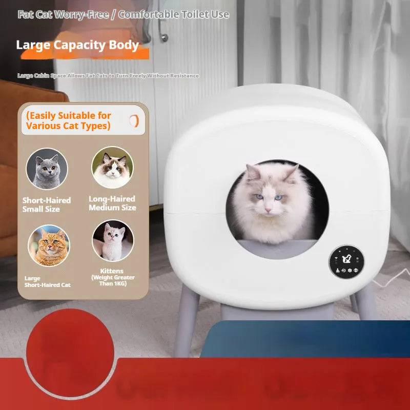 White automatic self-cleaning cat litter box with control panel and waste storage drawer.