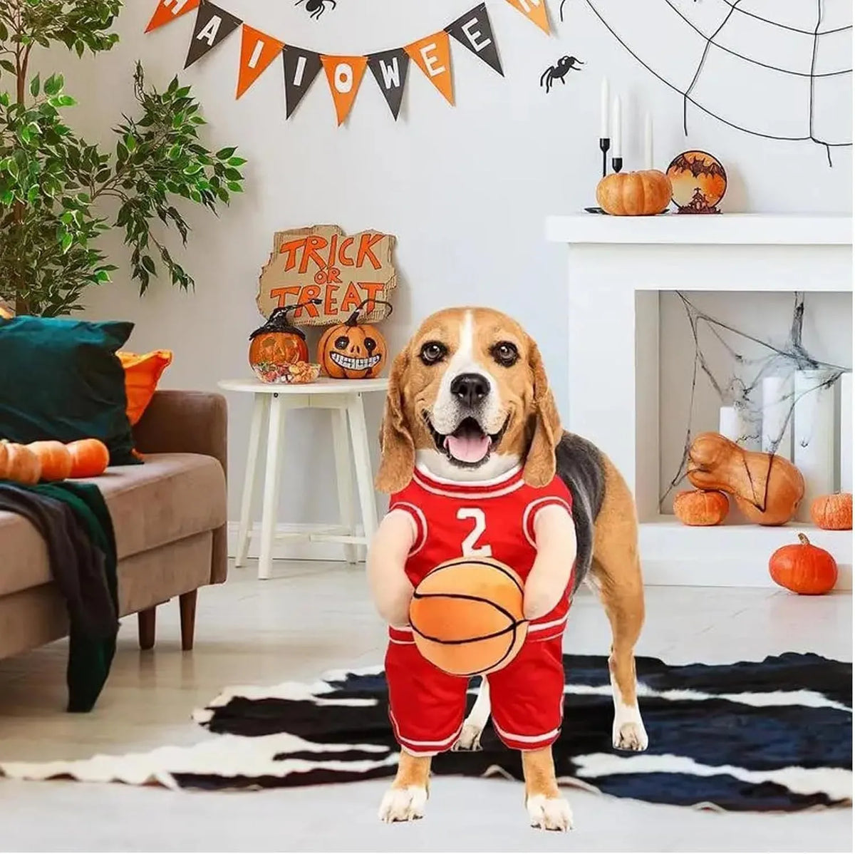 Dog basketball player costume in red or yellow with padded arms and toy basketball, S M L sizes