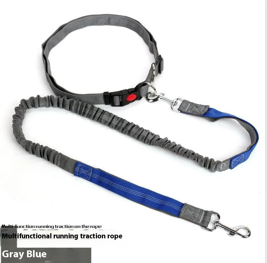 Outdoor running dog leash with night reflective filament sling and elastic adjustment in nylon construction