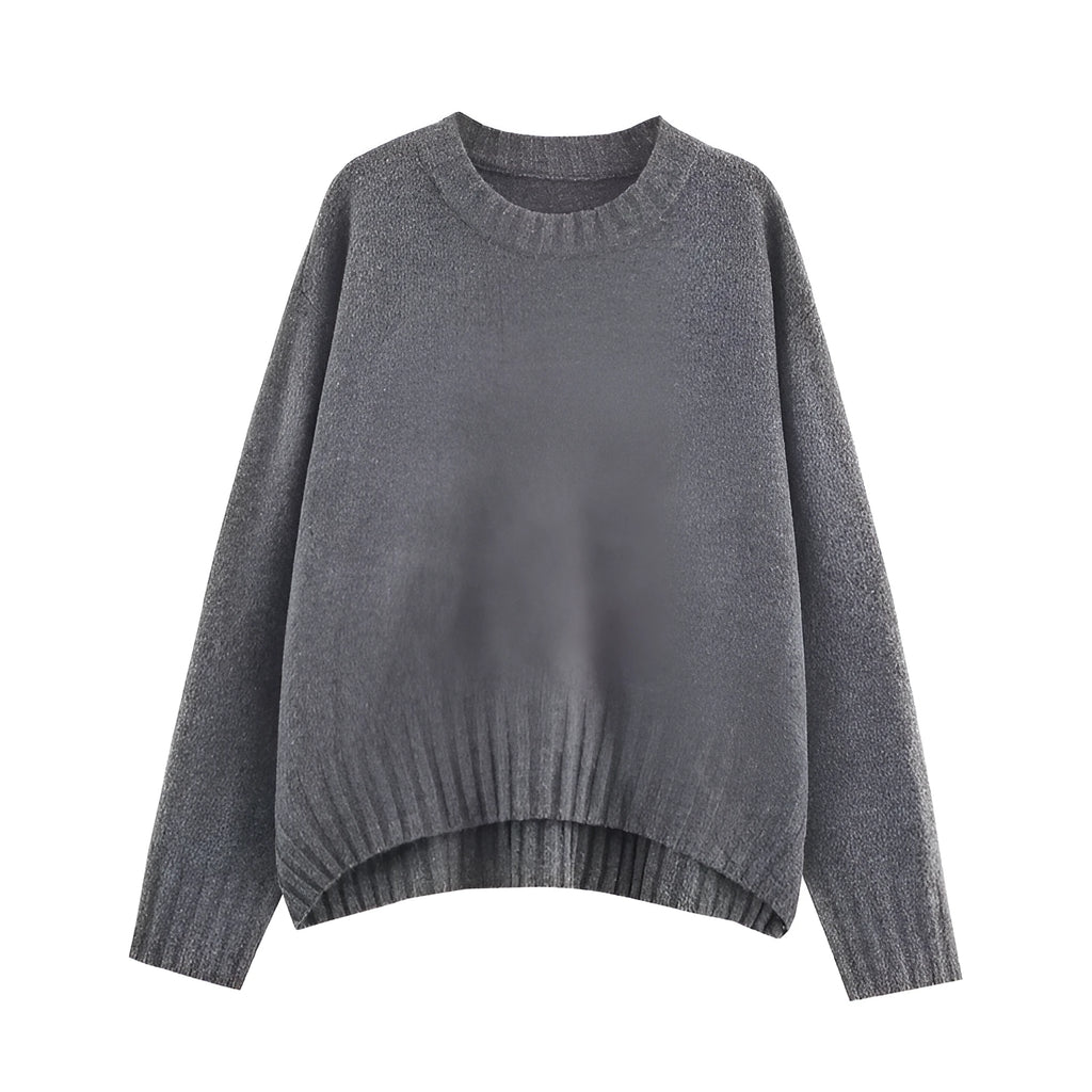 Women's grey ribbed knit cardigan sweater with stripe pattern, contrast colour and long sleeves, 50cm length