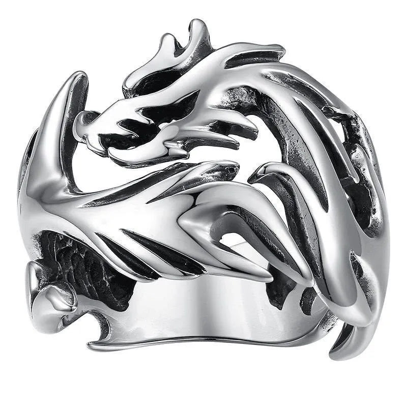 Adjustable Chinese dragon ring with luminous pattern in antique silver blue and green