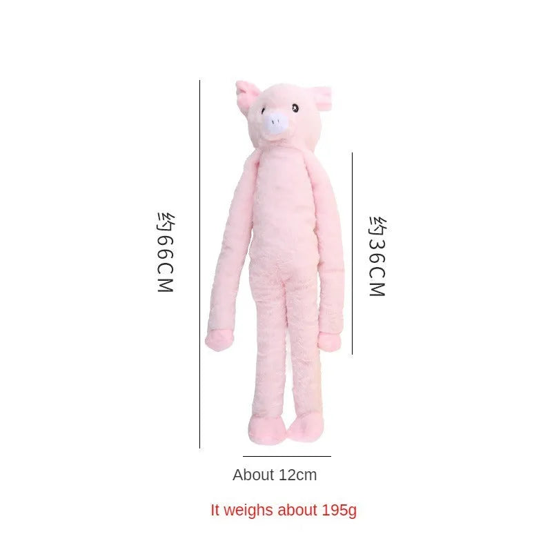 Pink and yellow interactive plush dog toy with rattle sound for large breed chewing and dental care.