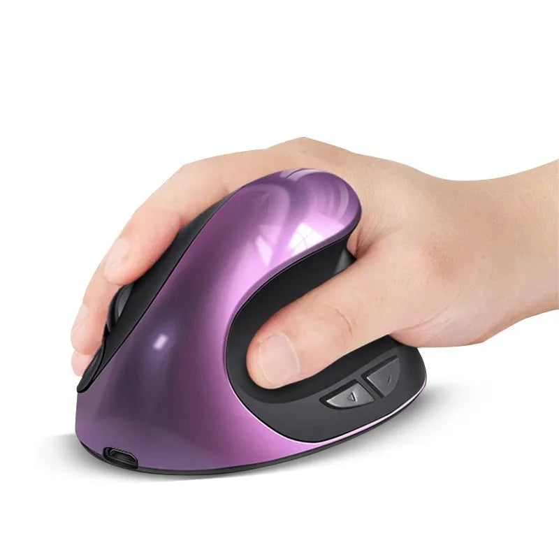 A vertical ergonomic computer mouse shown in multiple colour options including black, blue, red, and purple.