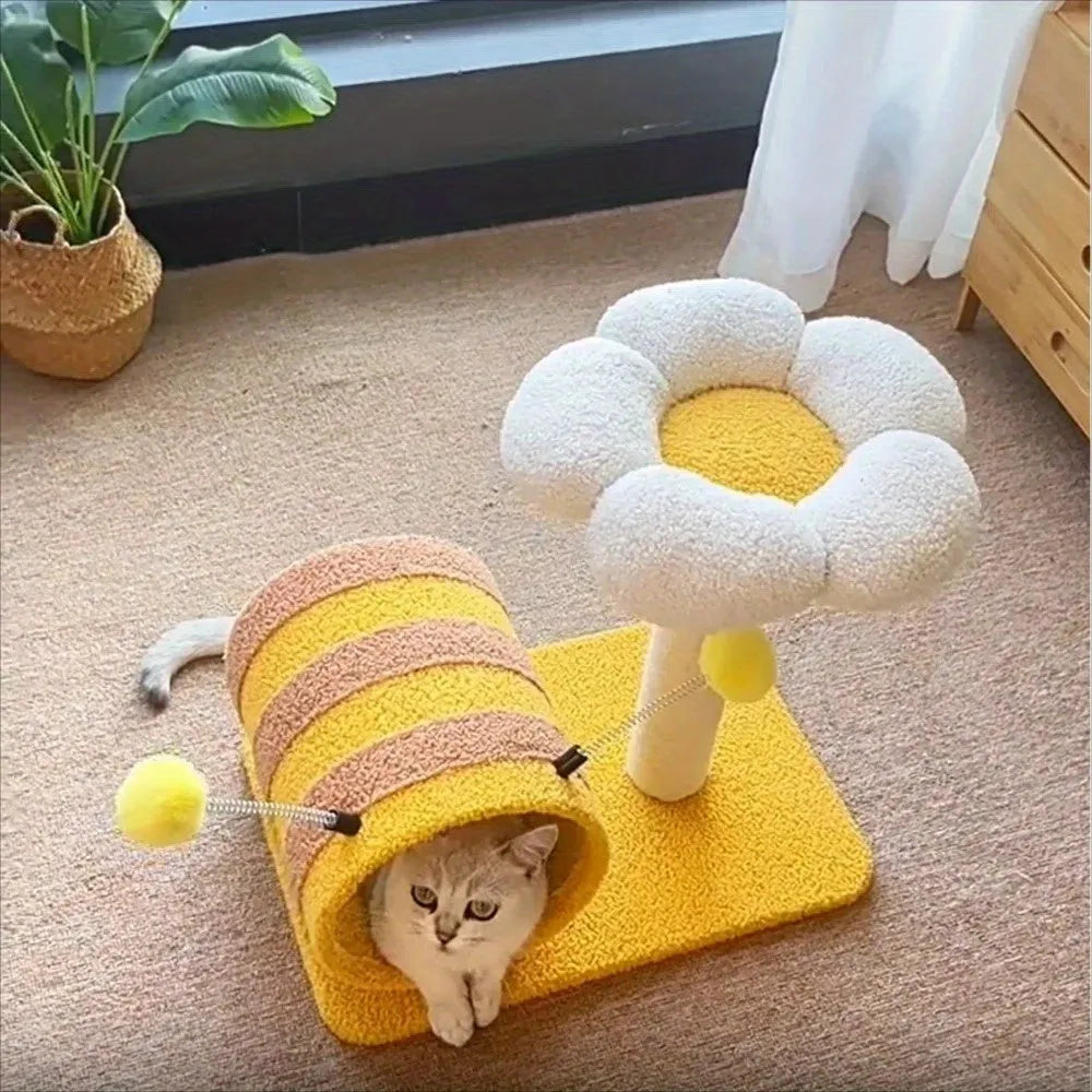 Yellow bee-themed cat climbing frame with sisal scratching board, tunnel, and multiple platforms