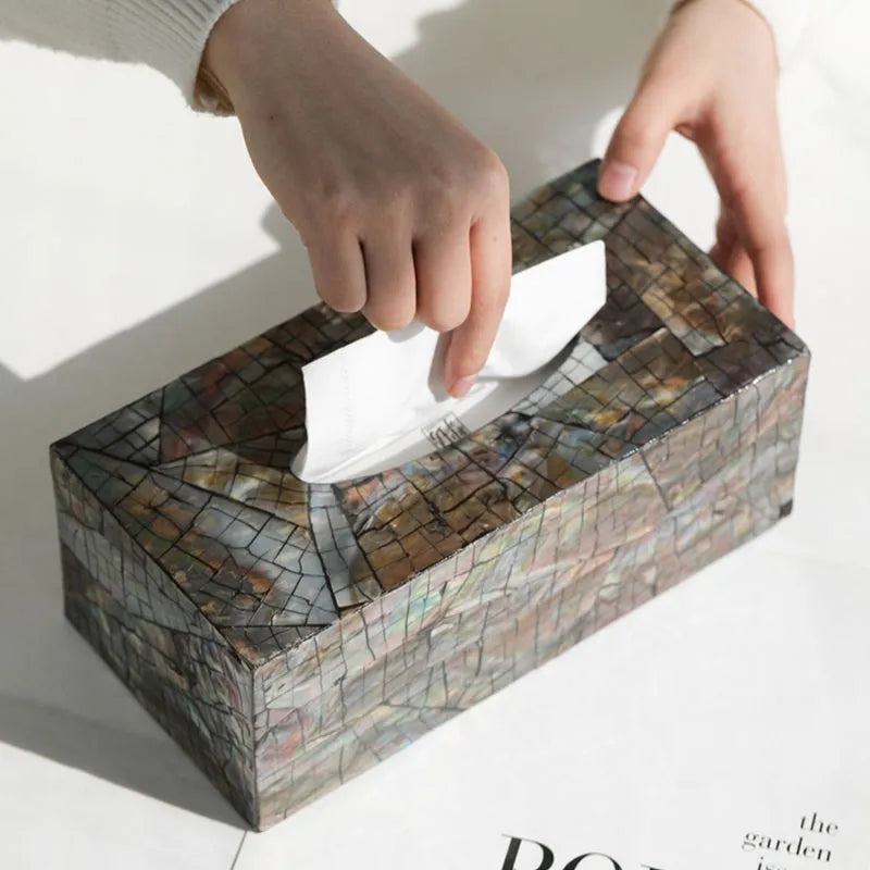 Black natural shell tissue box storage container in rectangular and square styles for coffee table decoration.