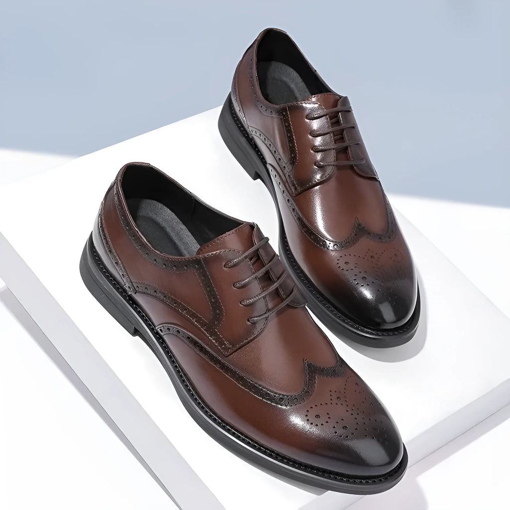 Men's black and brown brogue business shoes with traditional detailing and PU leather construction