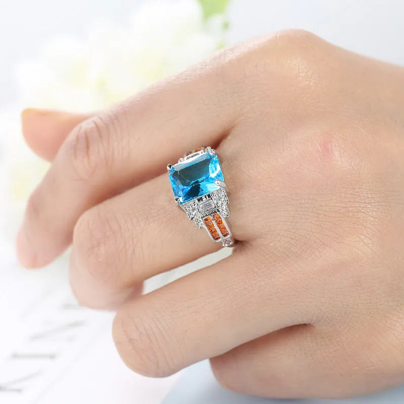 Ocean blue zircon copper ring in simple geometric women's style, sizes 6 to 10