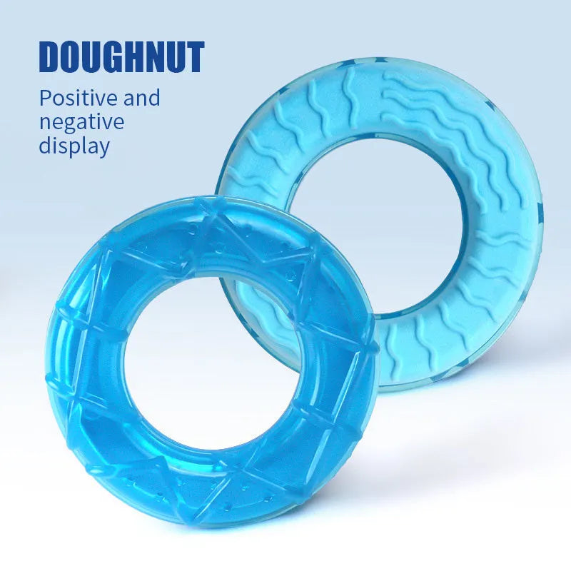 Set of three water-filled dog cooling toys in pacifier, popsicle and ring shapes
