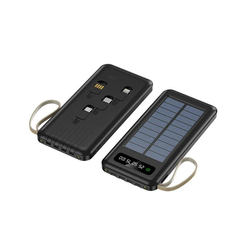 Cool black and ivory white solar power bank with capacity display and charging cable.
