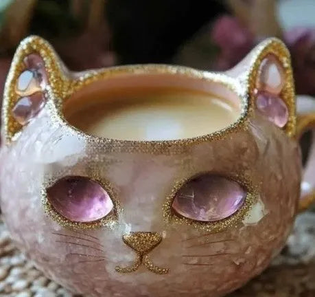 Purple handmade resin mug with a geode crystal design and a cat sculpture on the side.