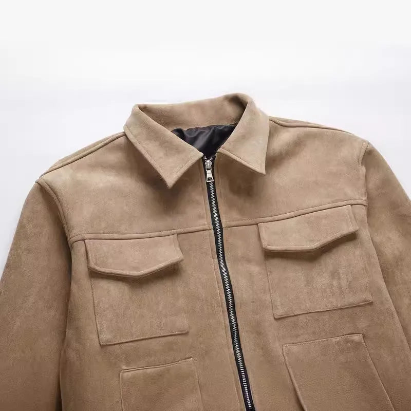 Slim fit men's jacket with a thickened zipper and large pockets in camel colour