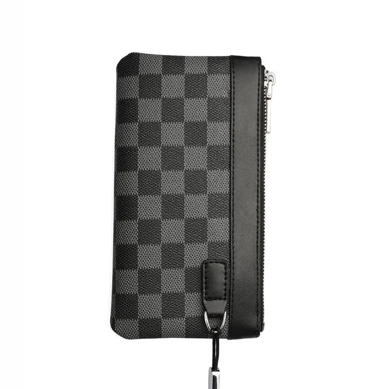 Men's black leather clutch wallet made from cowhide, showing plaid texture and open view of polyester lining.