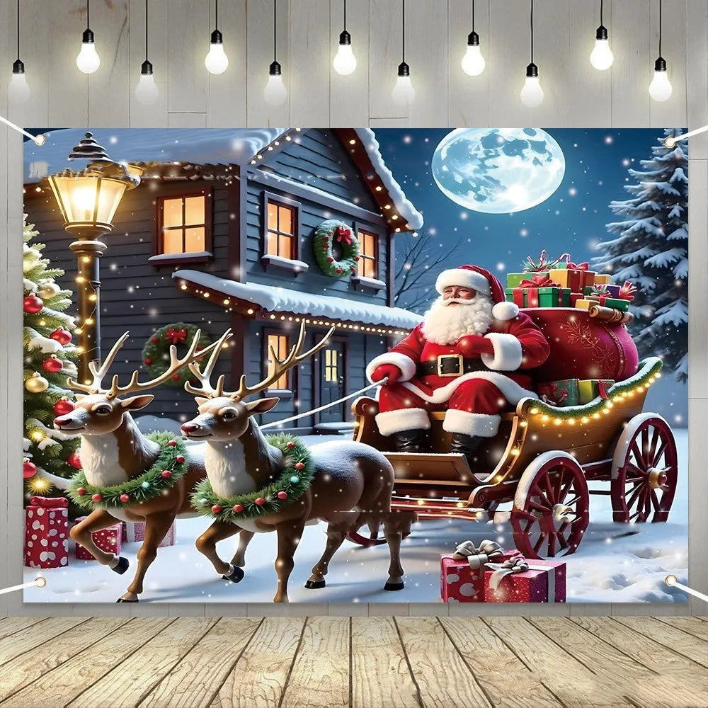 Red Christmas banner with Santa Claus and gift imagery measuring 210 cm wide by 150 cm high