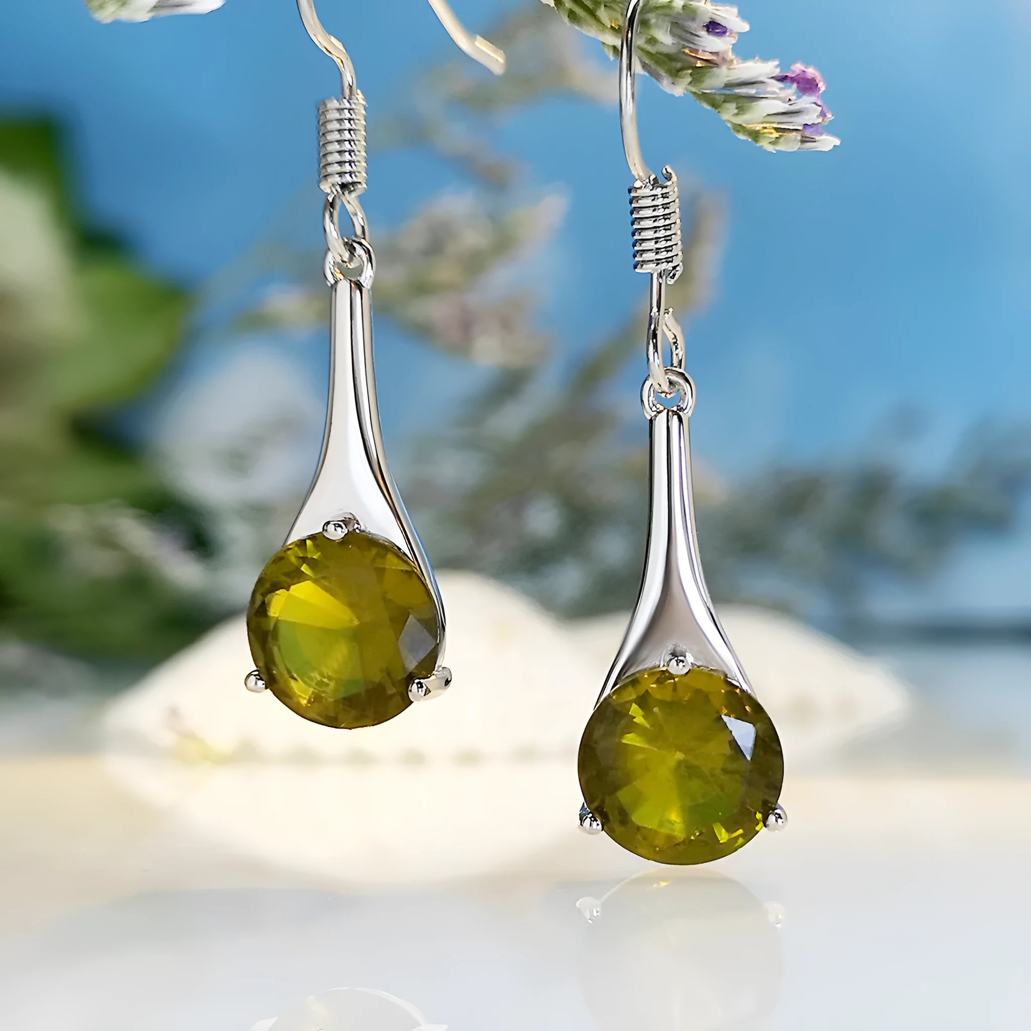 Olive green topaz drop earrings with water drop shape and retro style design