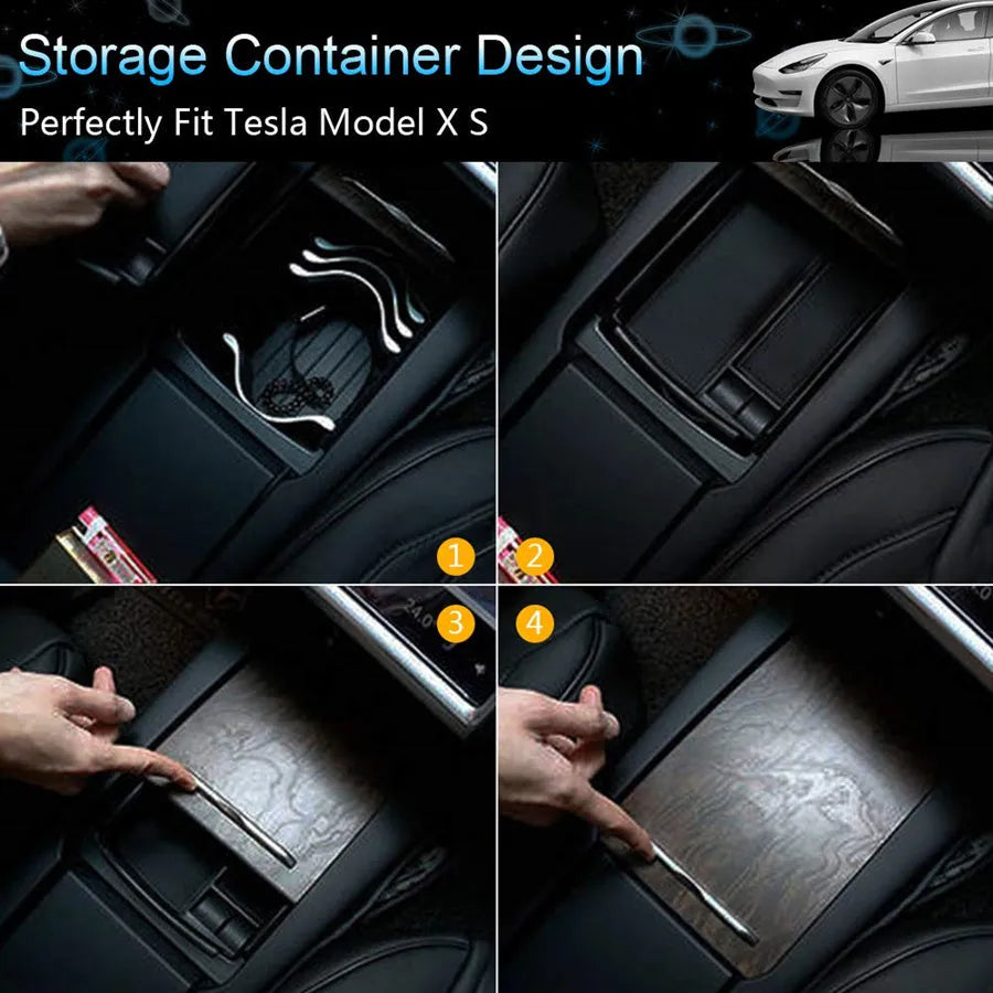 Black wireless charging storage box with QI standard fast charging capability