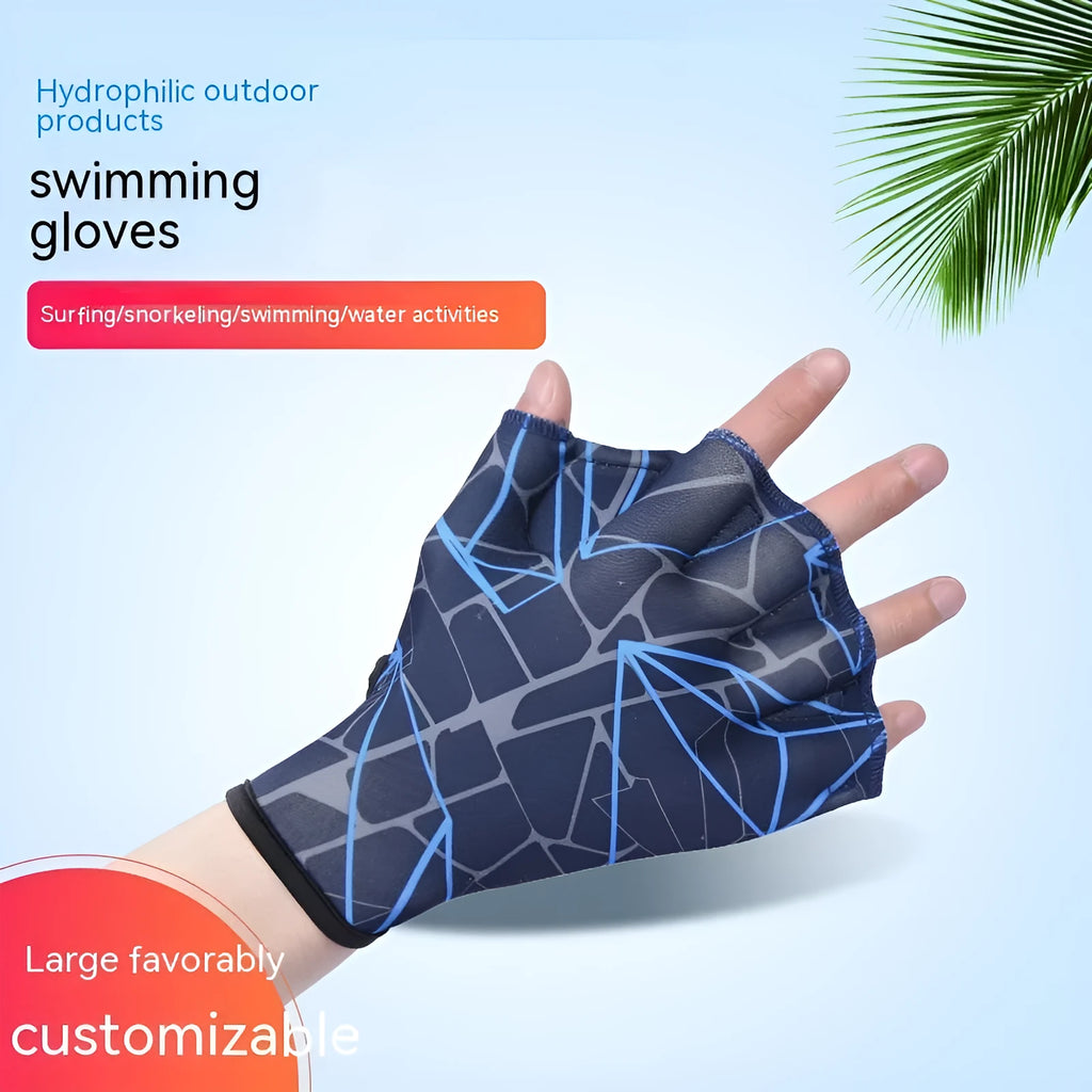 Green print duck foot webbed swimming glove for outdoor water training.