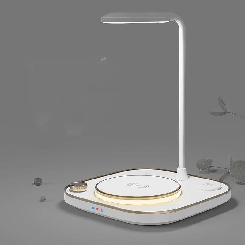 Black three-in-one wireless magnetic charger with desk lamp and Type-C cable on a wood desk
