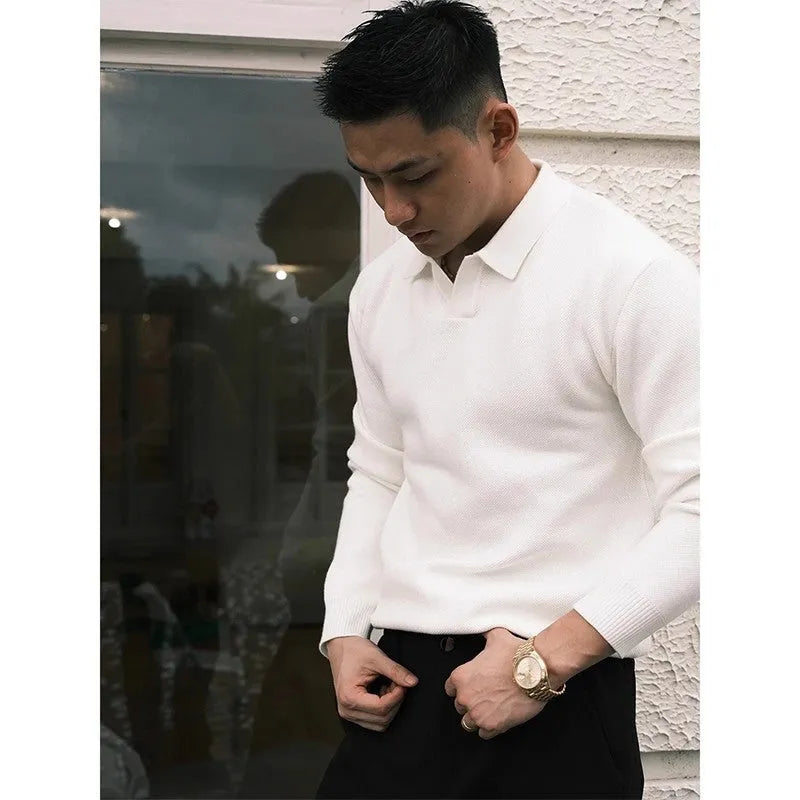 Men's loose fit knitted sweater in black or apricot, long sleeve pullover, sizes M to XXL, casual autumn style.