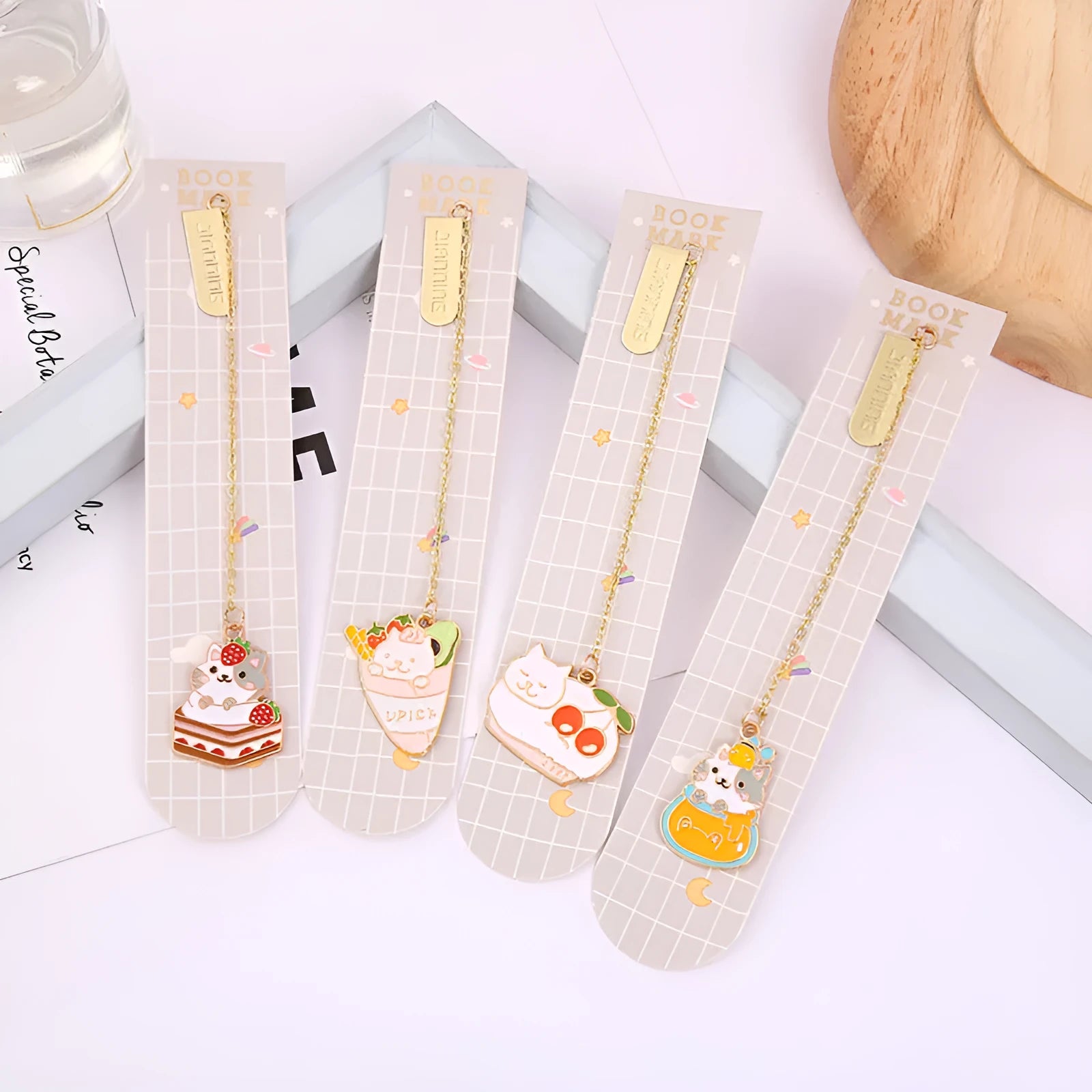 Jane Lime Foodie cute pet cat cartoon design on a metal pendant bookmark with colourful graphic.