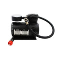 Black 12V mini portable car air pump on a white background.