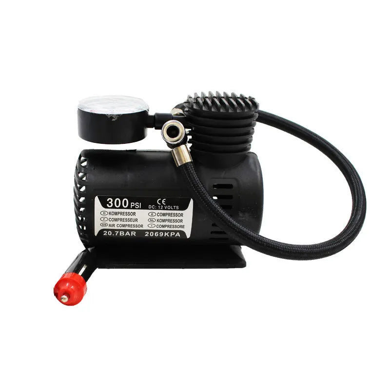 Black 12V mini portable car air pump on a white background.