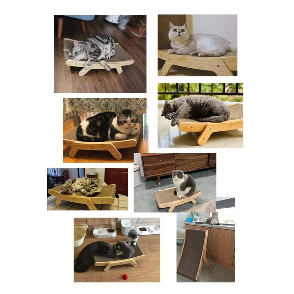 Deformation cat bed and scratcher in primary colour with corrugated paper surface, pine frame and three adjustable angles.