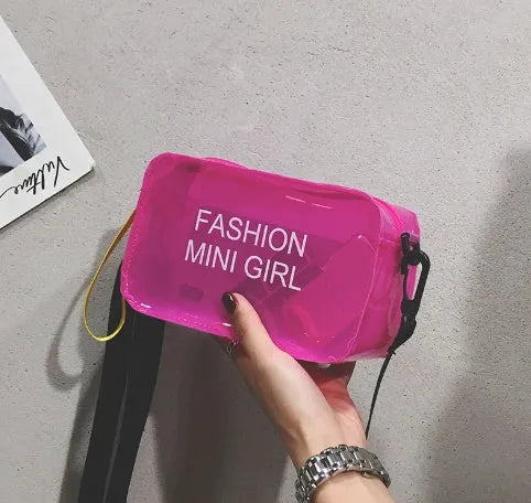 Transparent square jelly women's shoulder bag with a diagonal cross strap, shown in multiple colours.