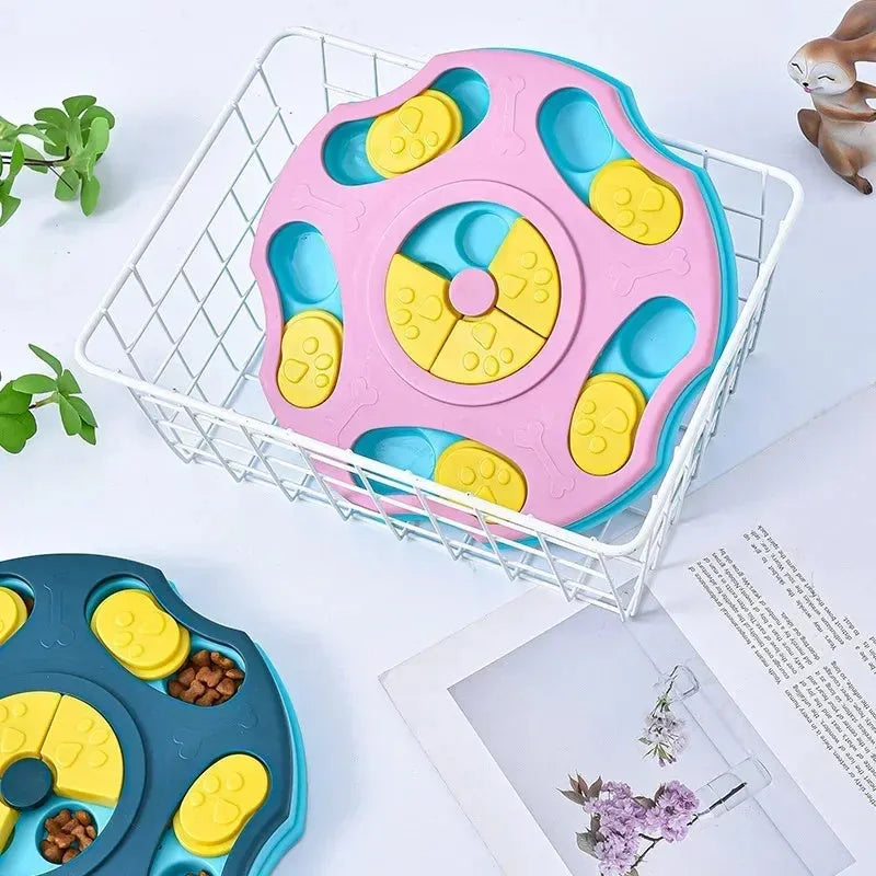 Blue and pink interactive dog puzzle feeder bowl for slowing fast eating and mental stimulation