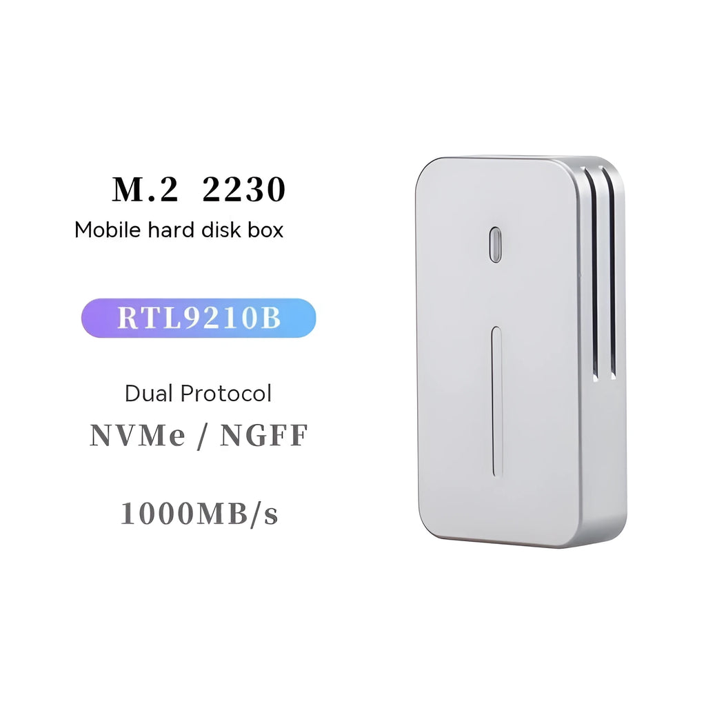 Aluminium M.2 NVMe SSD enclosure with USB-C cable, showing compact metal construction.