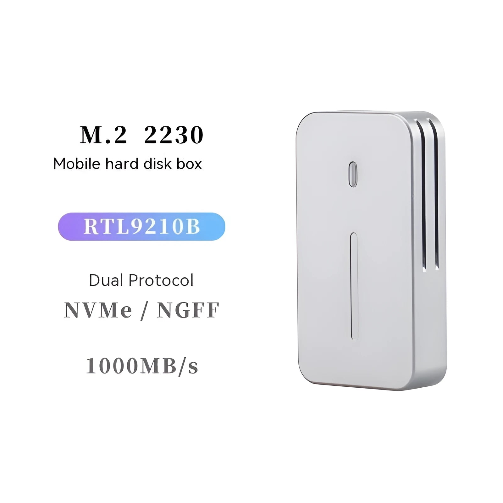Aluminium M.2 NVMe SSD enclosure with USB-C cable, showing compact metal construction.