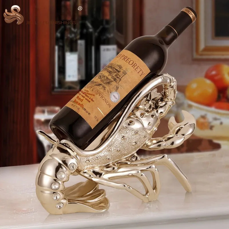 Lobster-shaped decorative wine rack ornament in rose gold or silver finish on a tabletop.