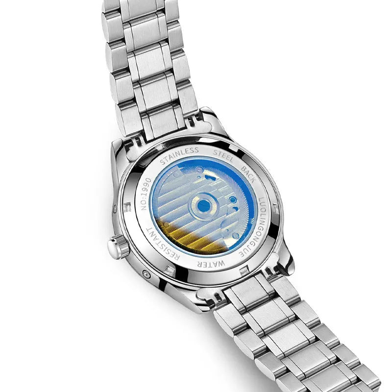 Men's stainless steel mechanical watch with sapphire glass on a leather strap.