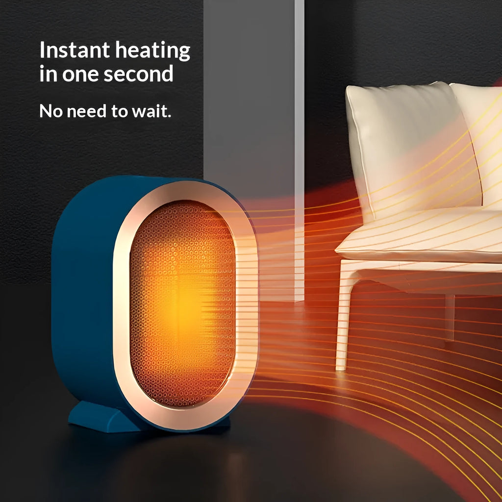 Mini desktop PTC heater in white, 800W, 19.5x11.5x17.6 cm, with two speed settings